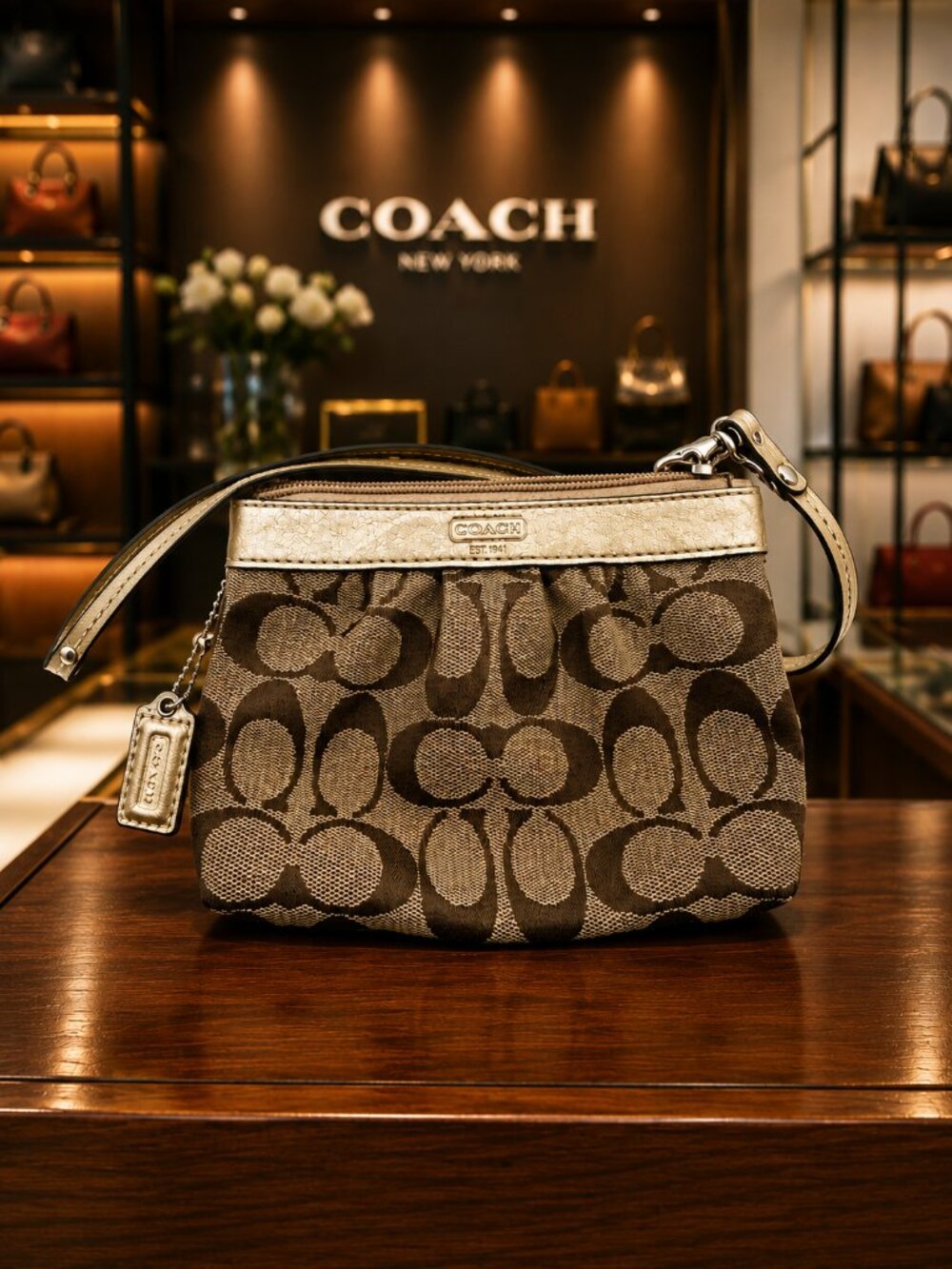 COACH Signature Monogram Jacquard Wristlet Wallet Zip Top Y2K Bag with Hang Tag